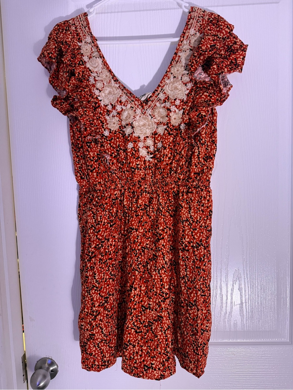 Savanna Jane Red Floral Mini Dress with Cream Lace V-Neck